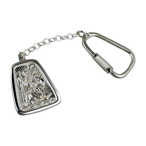 Silver 31x25mm tapered rectangle St Christopher Key ring