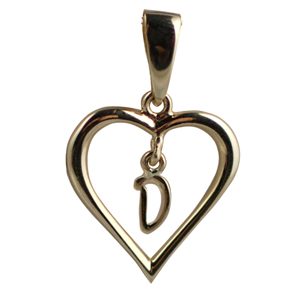9ct Gold 18x18mm heart with a hanging Initial 'D' with bail