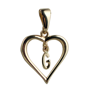 9ct Gold 18x18mm heart with a hanging Initial 'G' with bail