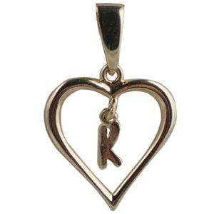 9ct Gold 18x18mm heart with a hanging Initial 'K' with bail
