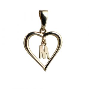 9ct Gold 18x18mm heart with a hanging Initial 'M' with bail