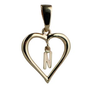9ct Gold 18x18mm heart with a hanging Initial 'N' with bail