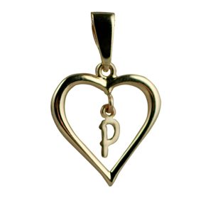 9ct Gold 18x18mm heart with a hanging Initial 'P' with bail
