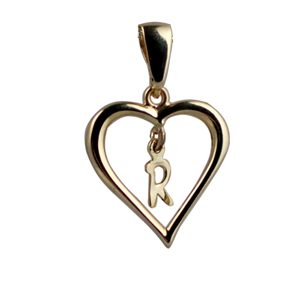 9ct Gold 18x18mm heart with a hanging Initial 'R' with bail