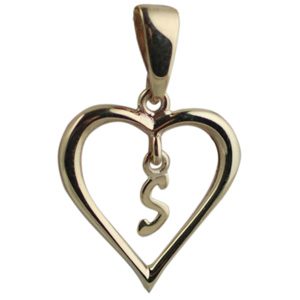 9ct Gold 18x18mm heart with a hanging Initial 'S' with bail
