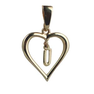 9ct Gold 18x18mm heart with a hanging Initial 'U' with bail