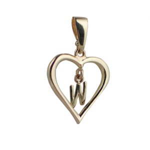 9ct Gold 18x18mm heart with a hanging Initial 'W' with bail