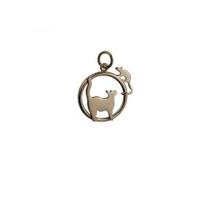9ct Gold 20x17mm Cat looking right and Mouse in a circle Pendant or Charm