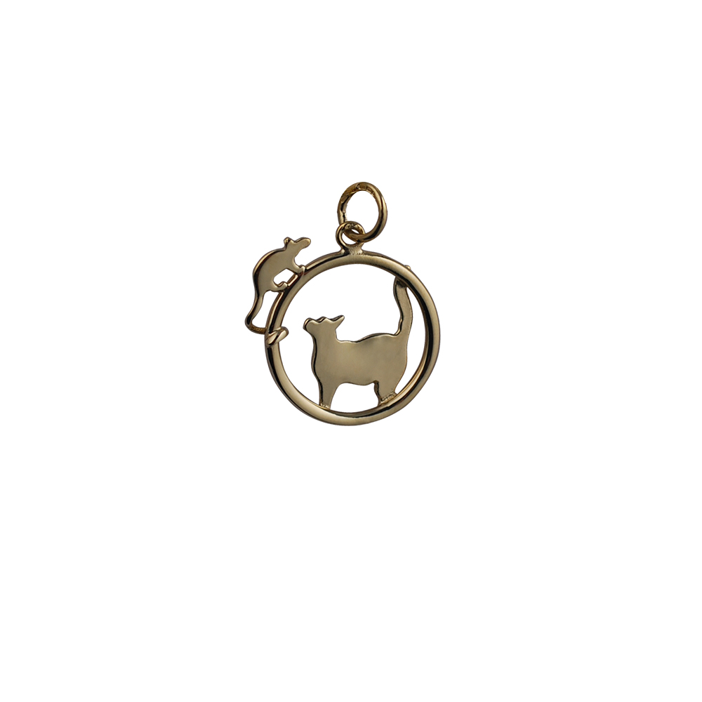 9ct Gold 20x17mm Cat looking right and Mouse in a circle Pendant or Charm - Image 2