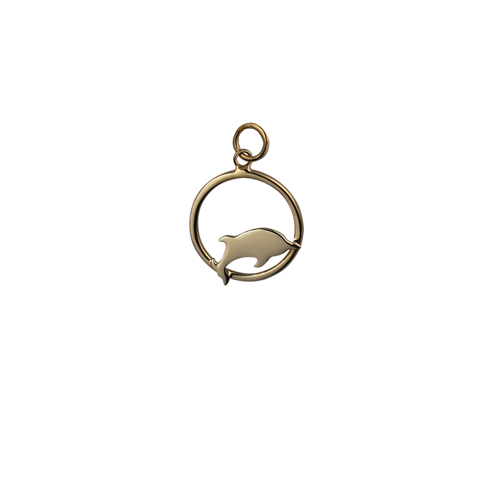9ct Gold 18x18mm Dolphin jumping to the right in a circle Pendant or Charm