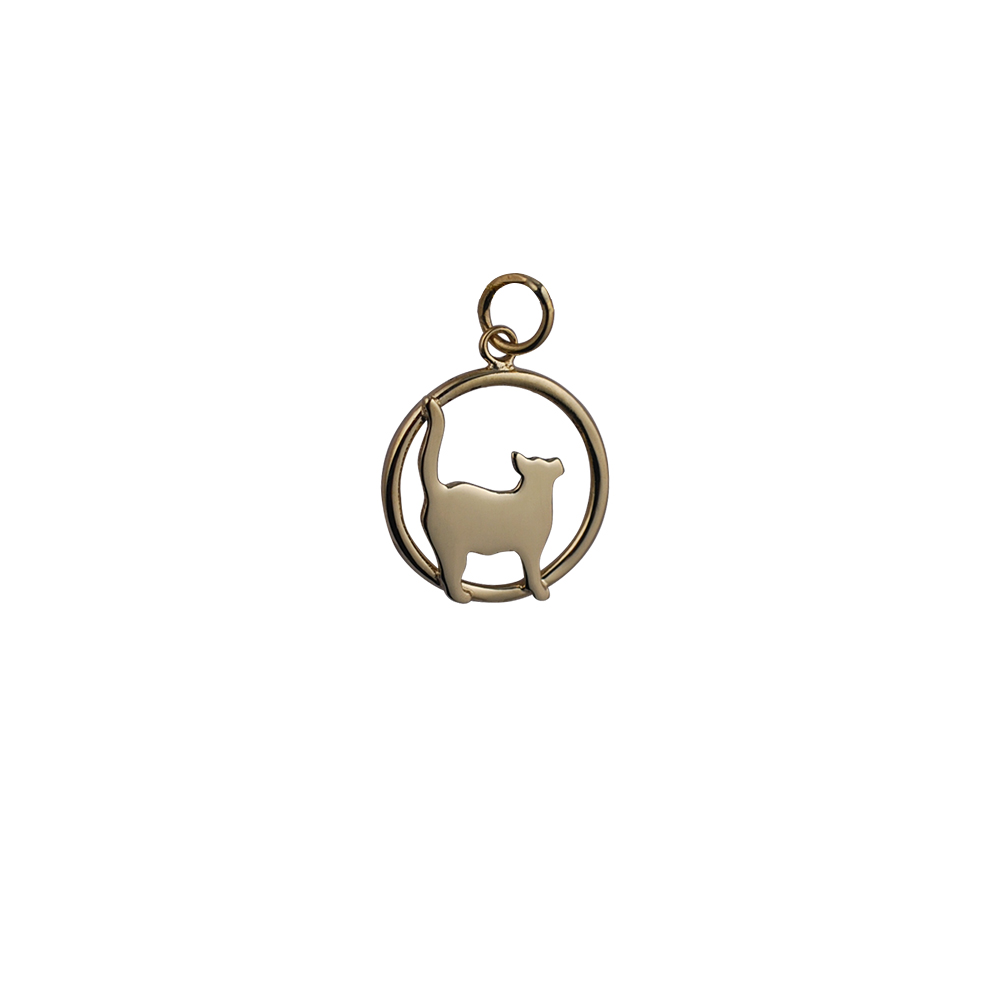 9ct Gold 16x18mm standing Cat looking to the right in a circle Pendant or Charm