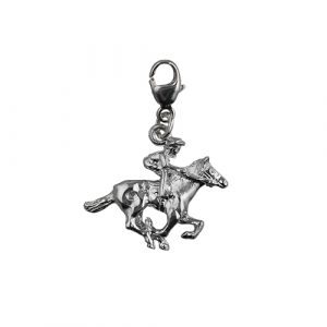 Silver 17x21mm galloping Horse and Jockey Charm with a lobster catch