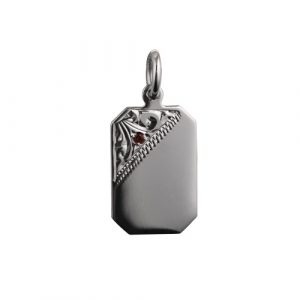 Silver 18x12mm hand engraved cut corner set with garnet rectangular Disc