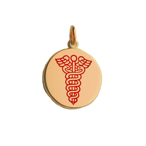 9ct Gold 98mm round Medical Alarm Disc with vitreous red enamel