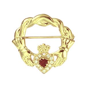 9ct Gold 28x30mm twisted cord top Claddagh Brooch set with Garnet and CZ's
