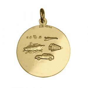 9ct Gold 25mm round St Christopher Pendant with car, airplane, train and ship on back