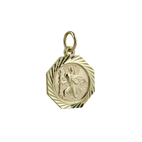 9ct Gold 15x15mm diamond cut edge octagonal St Christopher Pendant
