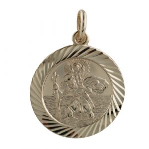 9ct Gold 21mm round diamond cut edge St Christopher Pendant