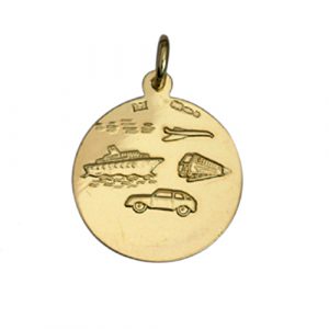 9ct Gold 21mm round plain St Christopher Pendant with car, airplane, train and ship on back