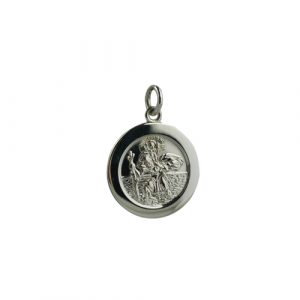 9ct White Gold 21mm round plain St Christopher Pendant with car, airplane, train and ship on back