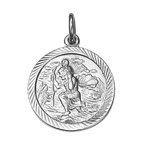 Silver 20mm round diamond cut edge St Christopher Pendant