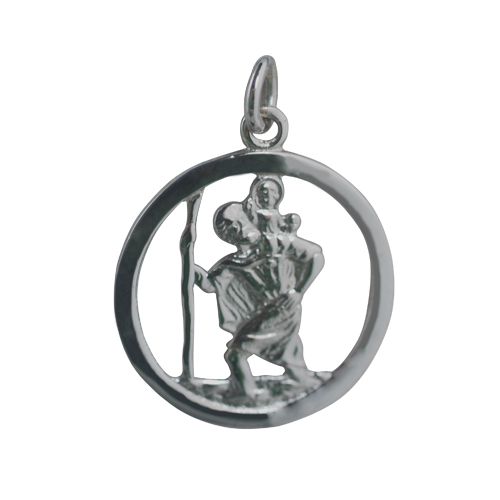 9ct White Gold 25mm round pierced St Christopher Pendant