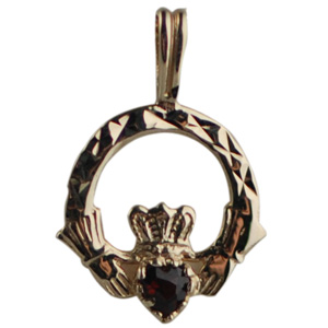 9ct Gold 20x15mm diamond cut Claddagh set with Garnet Pendant