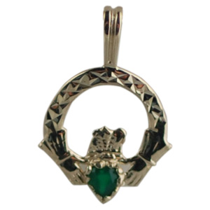 9ct Gold 20x15mm diamond cut Claddagh set with Green Agate Pendant
