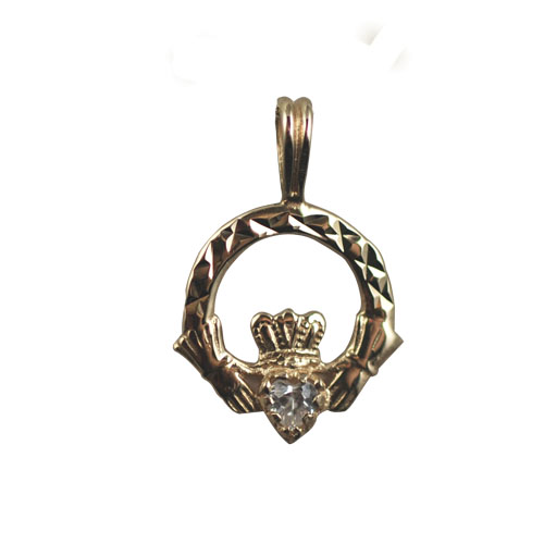9ct Gold 20x15mm diamond cut Claddagh set with CZ Pendant